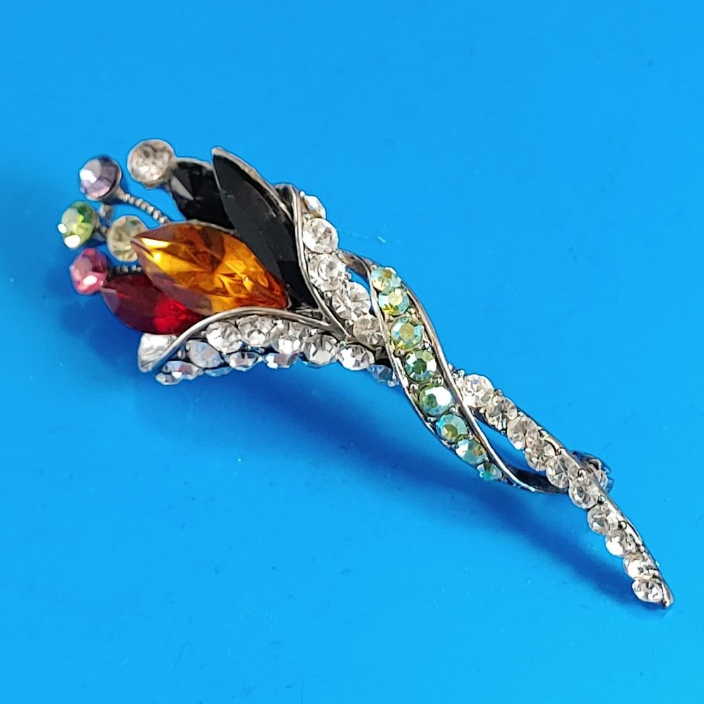 Vintage JING Rhinestone Bouquet Brooch Multicolor Stones Maker's Mark